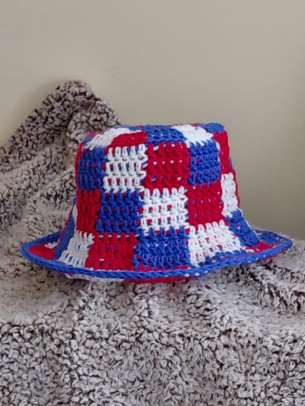 Handmade Crochet Bucket Hat - Red, White & Blue